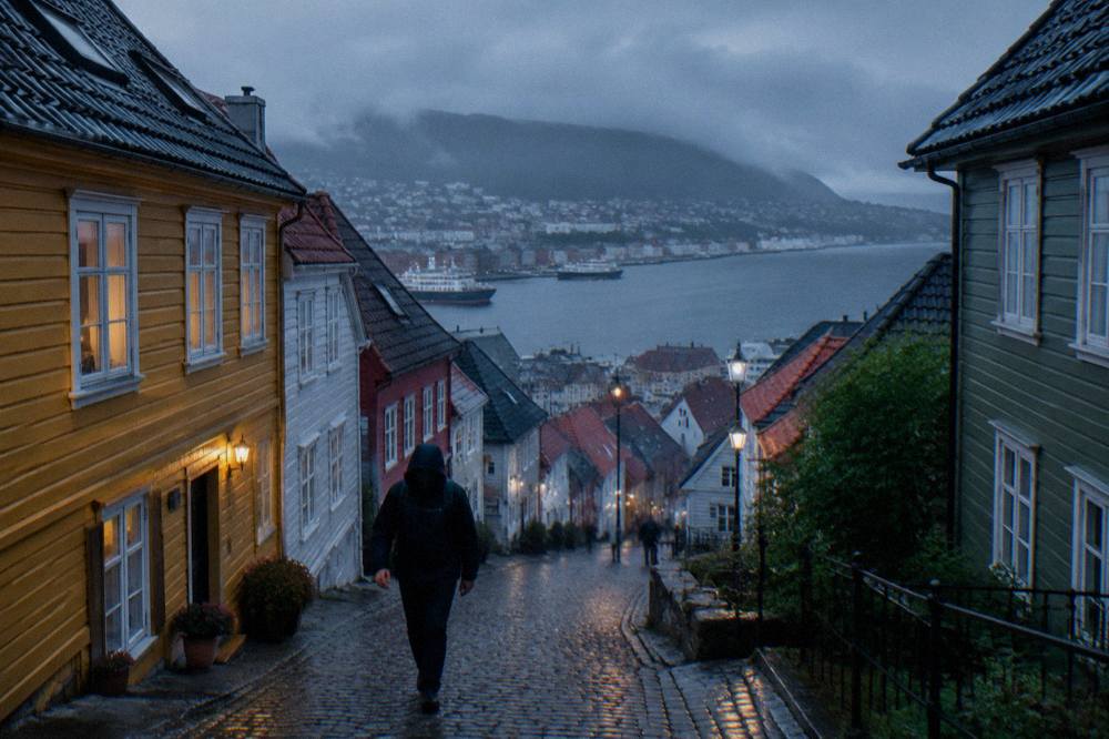 A person in a rain jacket walking up a wet cobblestone street in Bergen with colorful buildings on both sides
