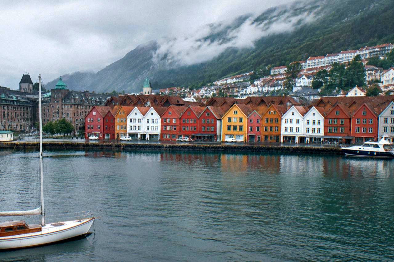 Colourful wooden houses along the waterfront in Bergen, Norway, seen from across the harbour