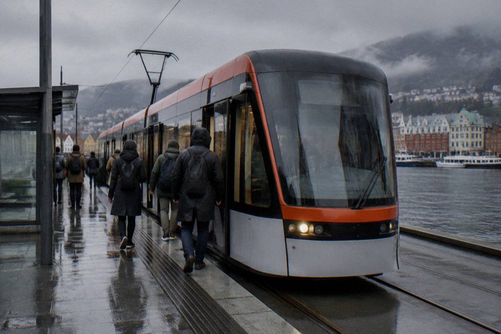 A light rail tram travelling along a street in Bergen with passengers boarding at a station platform