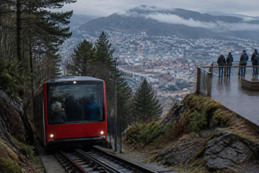 Passengers riding the Fløibanen funicular railway car up the forested hillside above Bergen