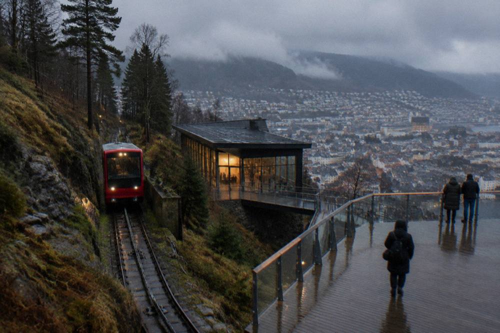 The Fløibanen funicular station in Bergen with warm light in the windows on a dark winter afternoon
