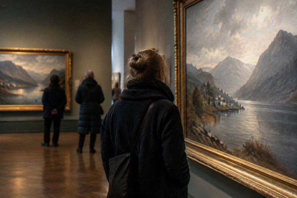 Gallery visitors viewing Norwegian landscape paintings inside the KODE art museum in Bergen