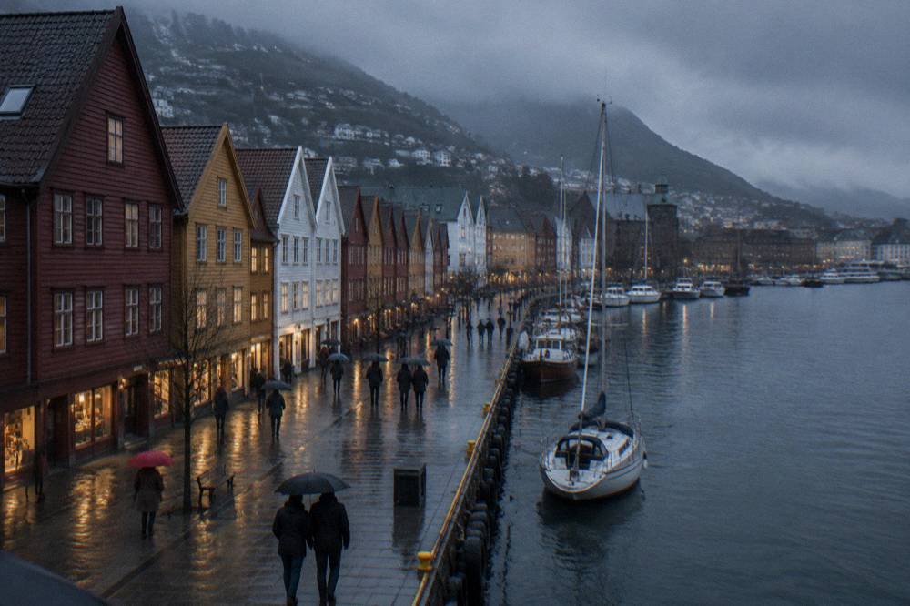 Visitors with umbrellas walking past the old wharf buildings in Bergen during steady rain