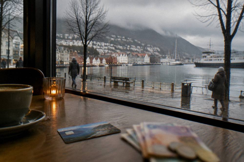 A Bergen Card and Norwegian kroner banknotes on a café table beside a window overlooking the harbour
