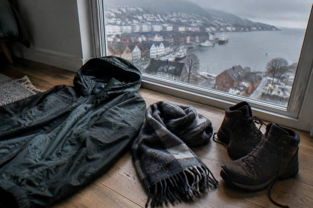 A waterproof jacket, wool scarf and rugged boots laid out on a wooden floor for winter packing