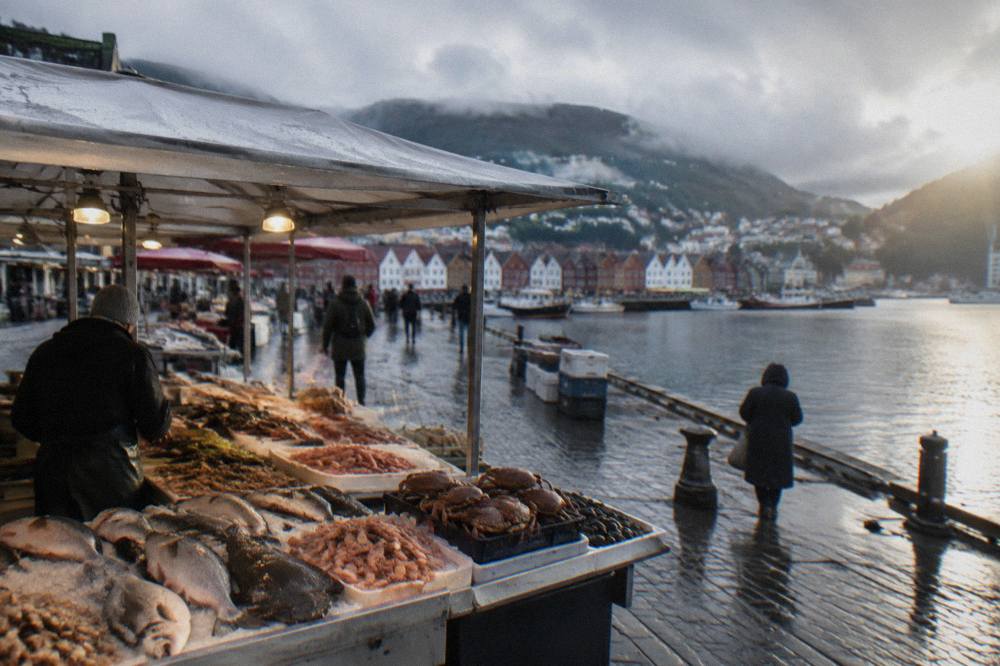 Fish market stalls in central Bergen with fresh fish and shellfish displayed on ice under a canopy