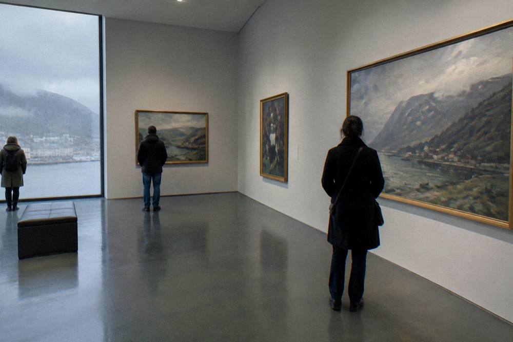 Interior of an art museum in Bergen with paintings on the walls and visitors looking at them