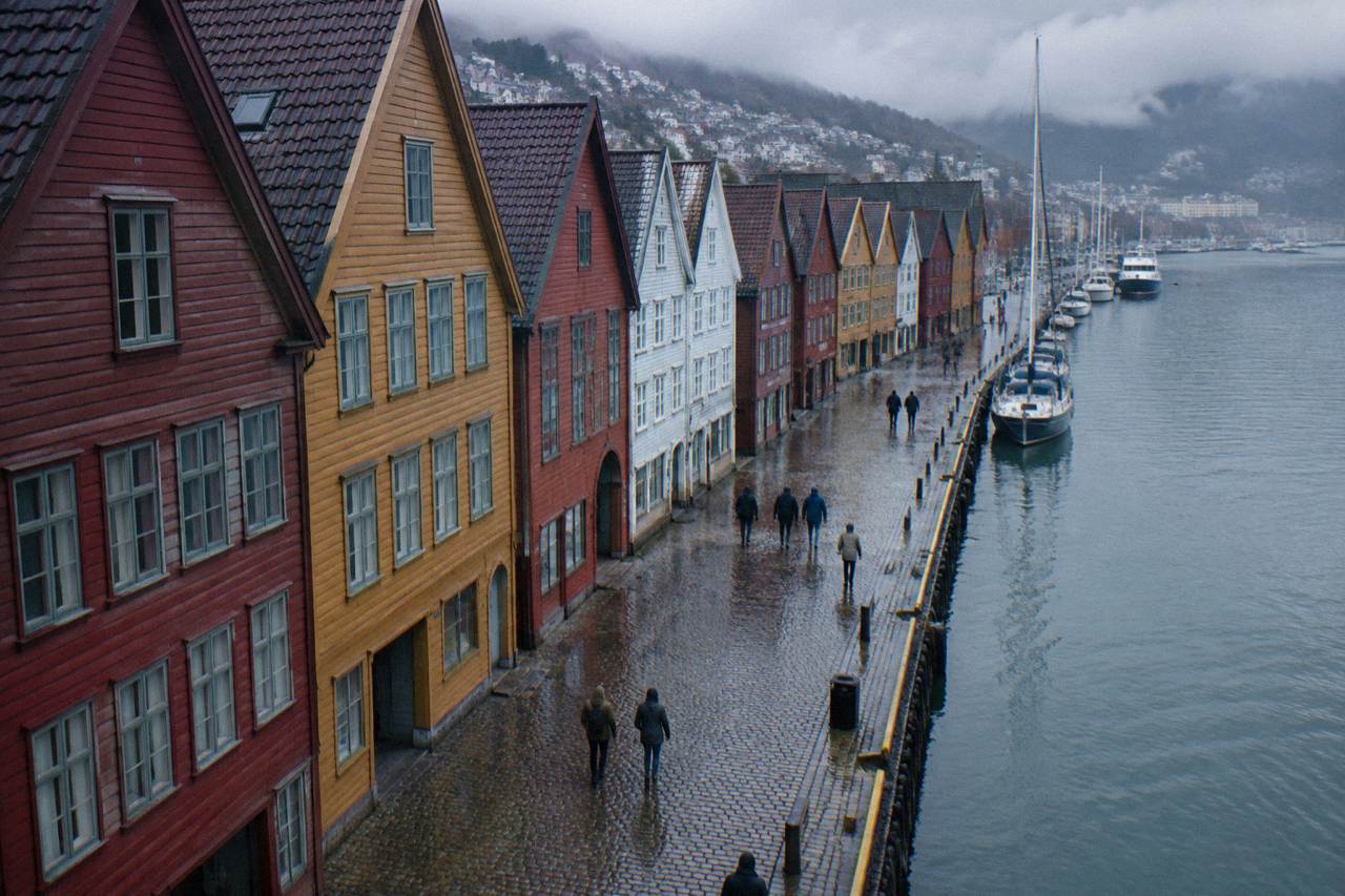 Rain-soaked cobblestones and colourful wooden Hanseatic buildings along the Bryggen wharf in Bergen