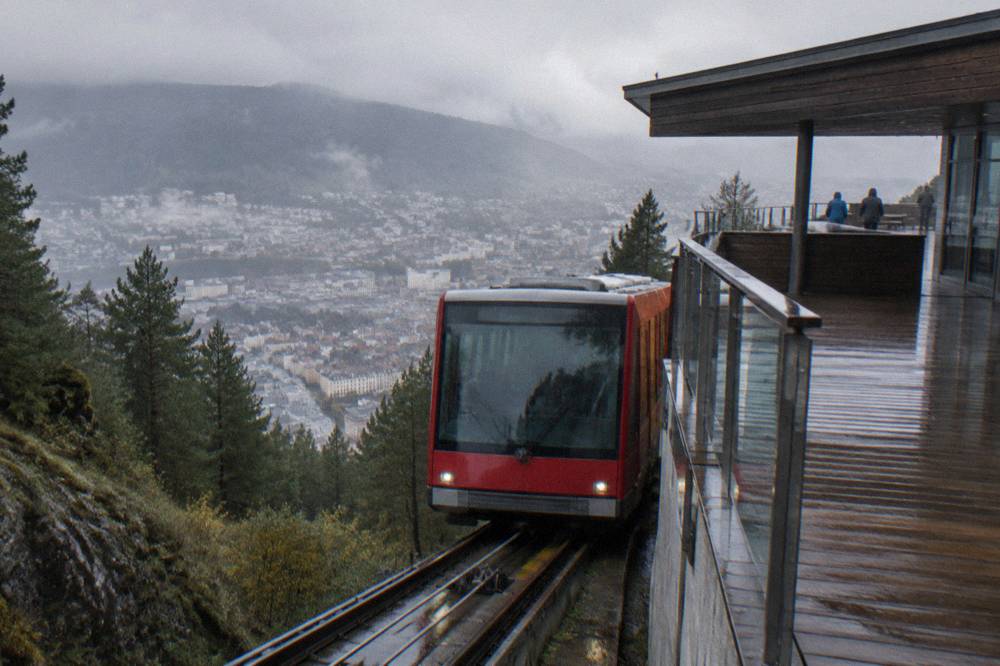 The Fløibanen funicular arriving at the upper station on Fløyen mountain above Bergen